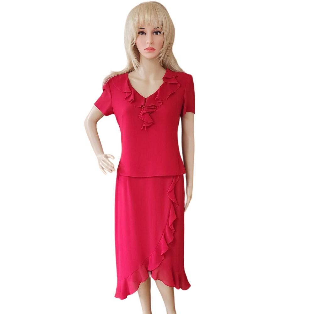 Cynthia Howie VTG Ruffeld Flutter Short Sleeve Red Dress Side Zip Womens Size 4 - Picture 2 of 16